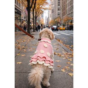 Joytale Pink Cream Knit Dog Sweater Dress Medium Ruffle Floral Pet Outfit